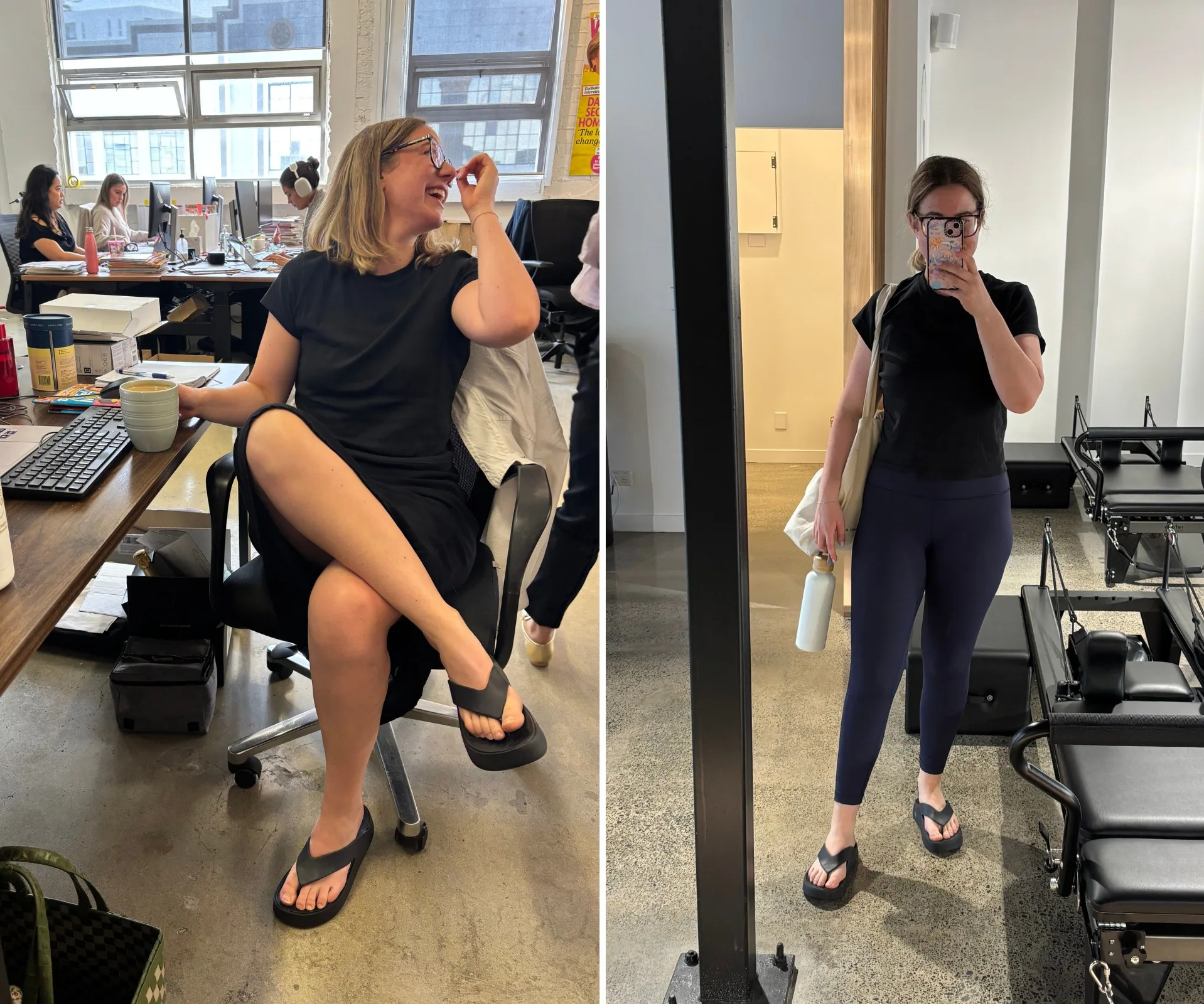 Sarah wearing the Crocs platform flip flops at work and at Pilates