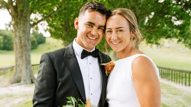 Tori Peeters and her husband Cam on their wedding day