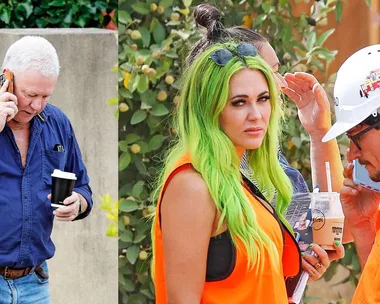 A middle-ages man on the phone, girl wearing high-vis vest, green hair