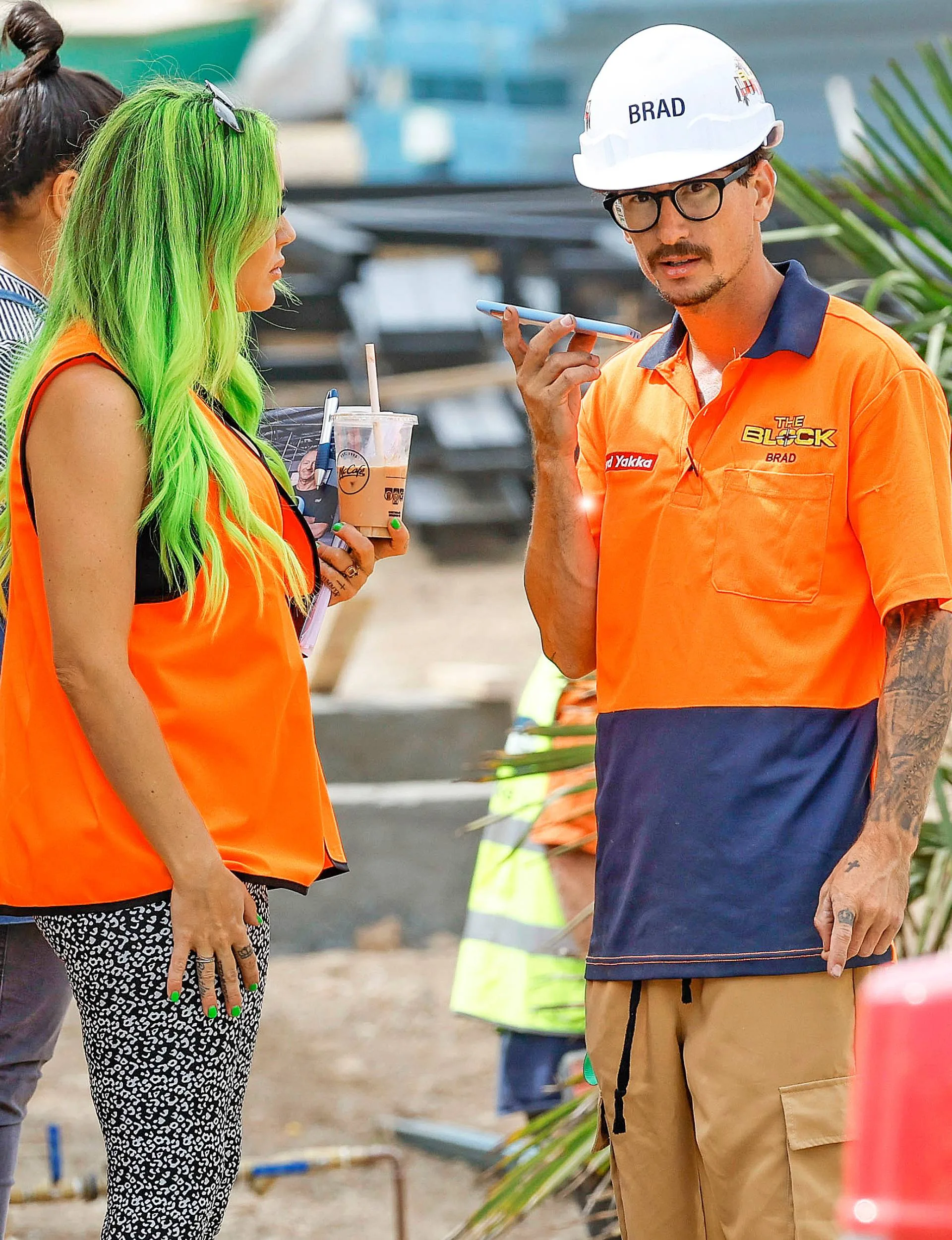Kylie and Brad on a phone call on site of The Block Australia