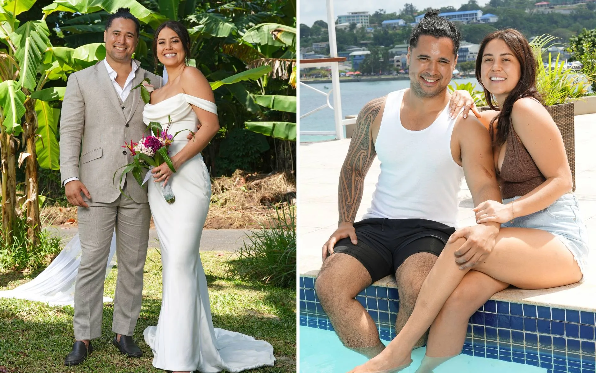 Steph and Piripi on their on-screen wedding day and sitting beside a pool