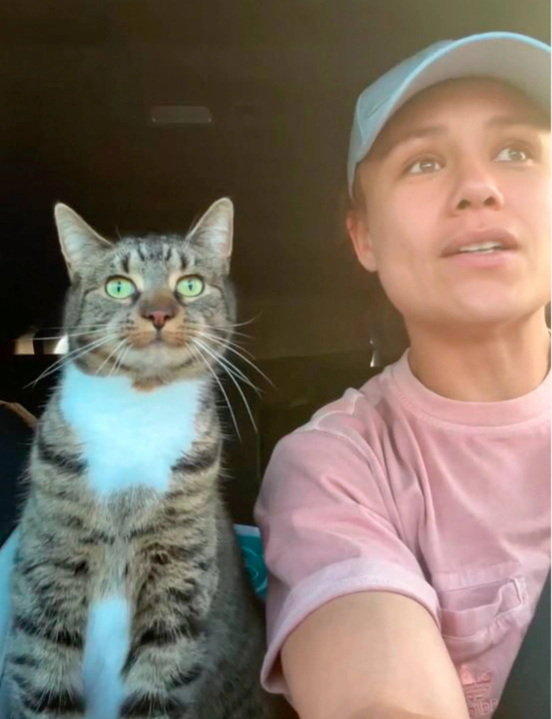 A selfie in the car with cat Manawa sitting on the glovebox