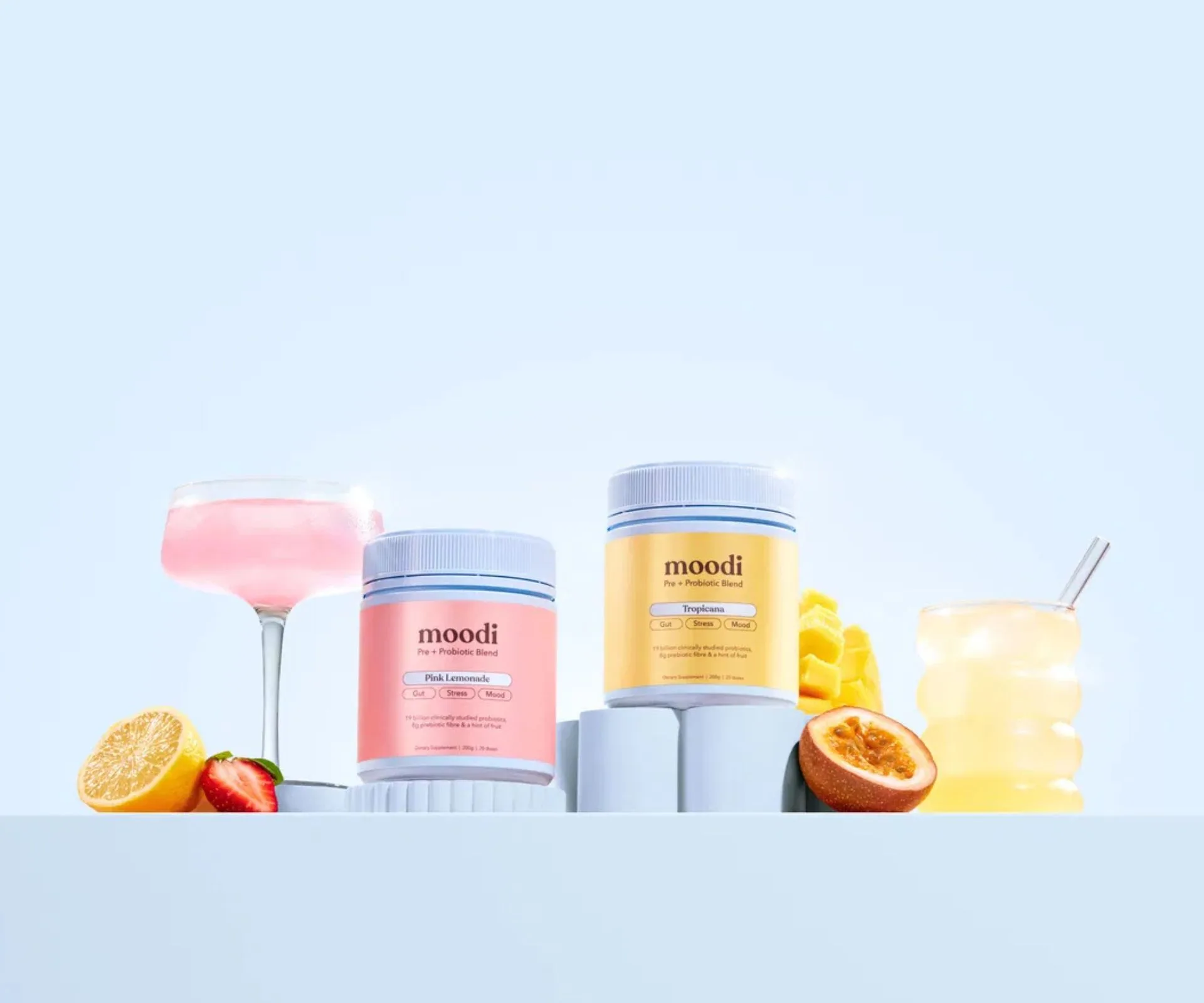 Moodi pre + probiotic blends in pink lemonade and tropicana