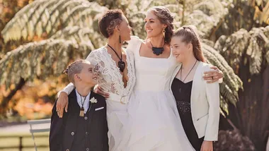 Brides Madeline and Kylie Wright with their kids