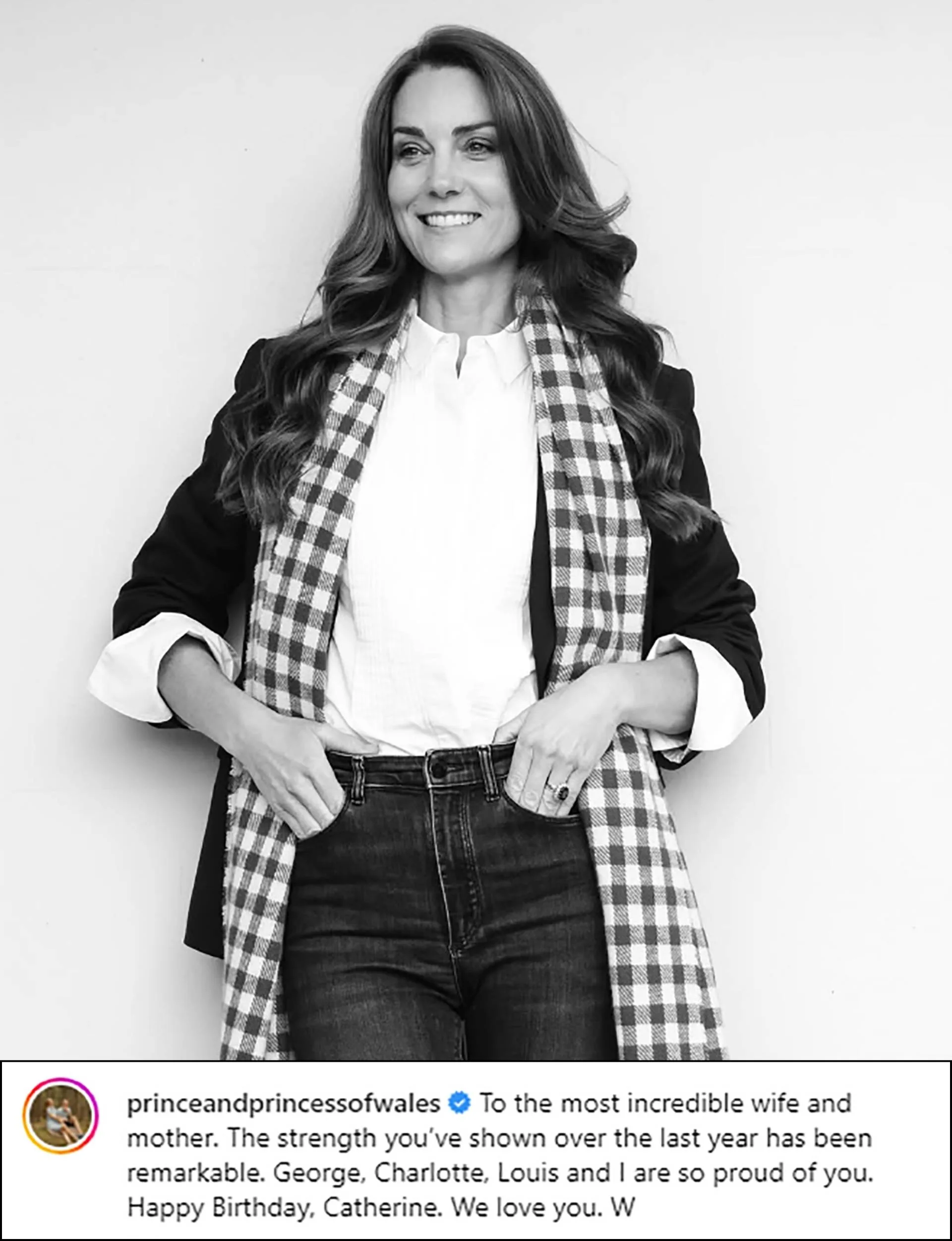 A black and white photo of Princess Kate with her hands in her jean pockets