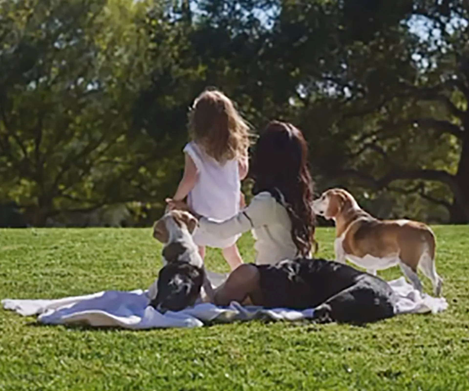 Duchess Meghan and Lilibet on a picnic blanket with their dogs