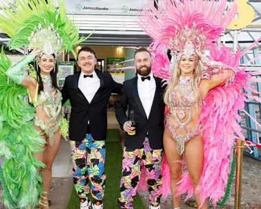 Ricky and Haydn with showgirls on set of The Block