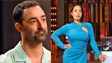 man wearing green shirt and Woman weraing a blue dress leaning
