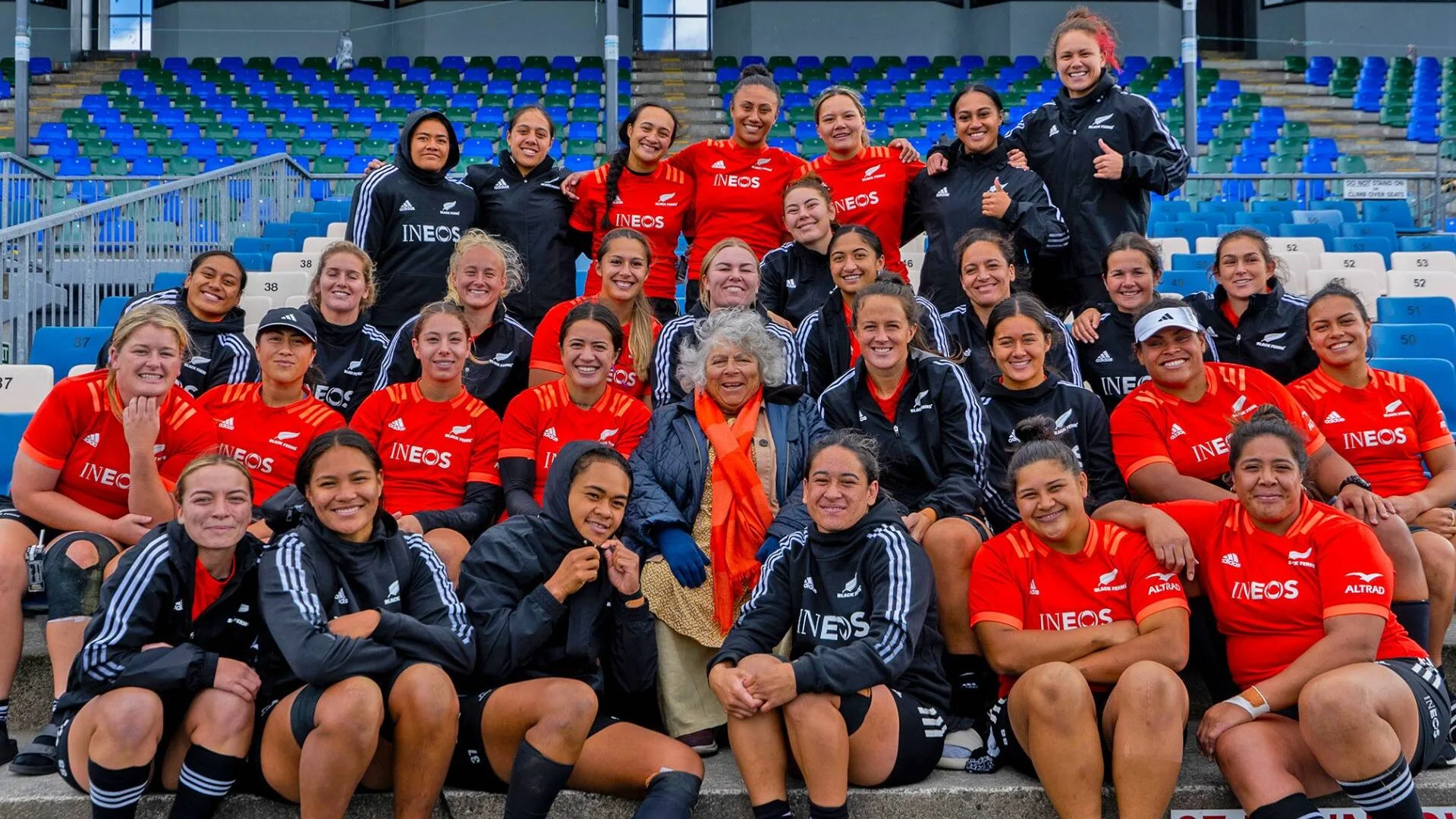 Miriam Margolyes in New Zealand with the Black ferns