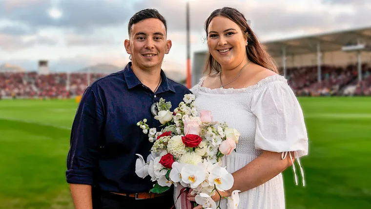 Kawana and Kelsey at their Crusaders radio wedding