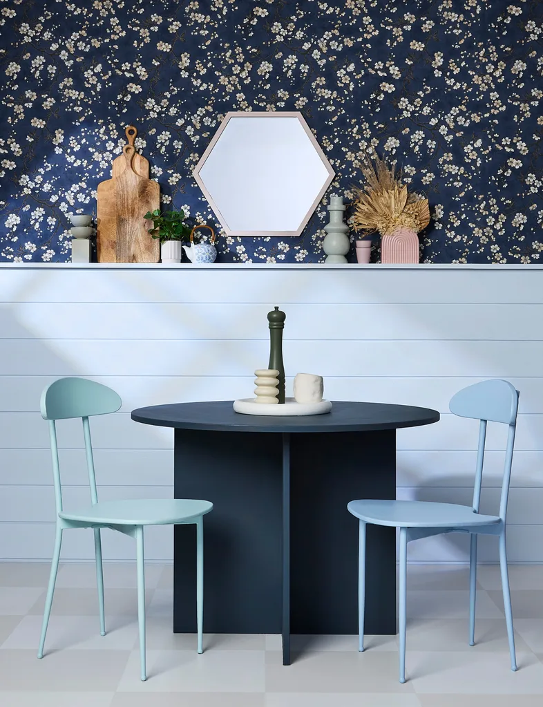 A mix of complex pastels provides the perfect complement to a bold Resene wallpaper with a busy pattern, keeping the look in balance.