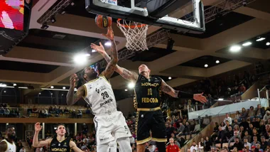 Daniel Theis of Monaco newly recruited from NBA Championship with #22 Terry Tarpey of Monaco and #28 Tarik Black, of Asvel seen in action during his first match between AS Monaco and LDLC Avel Villeurbanne at Salle Gaston Medecin
