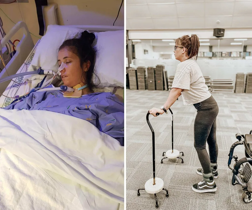 Grace in a coma in hospital and learning to walk again.