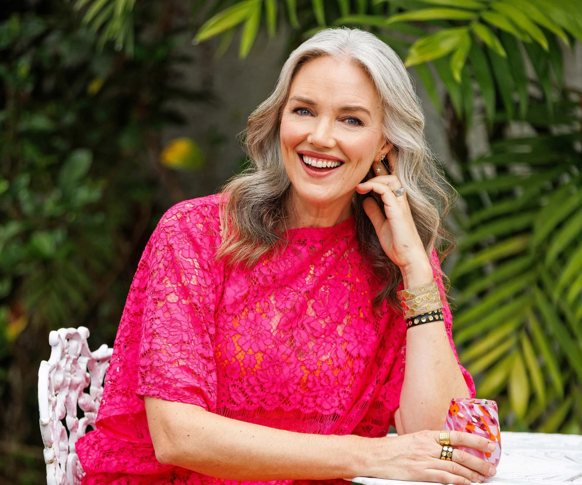 Petra at her home in a pink top