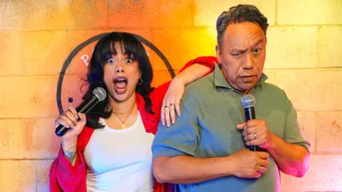 Courtney Dawson with her dad Heta at their home comedy club, Poppy's Comedy