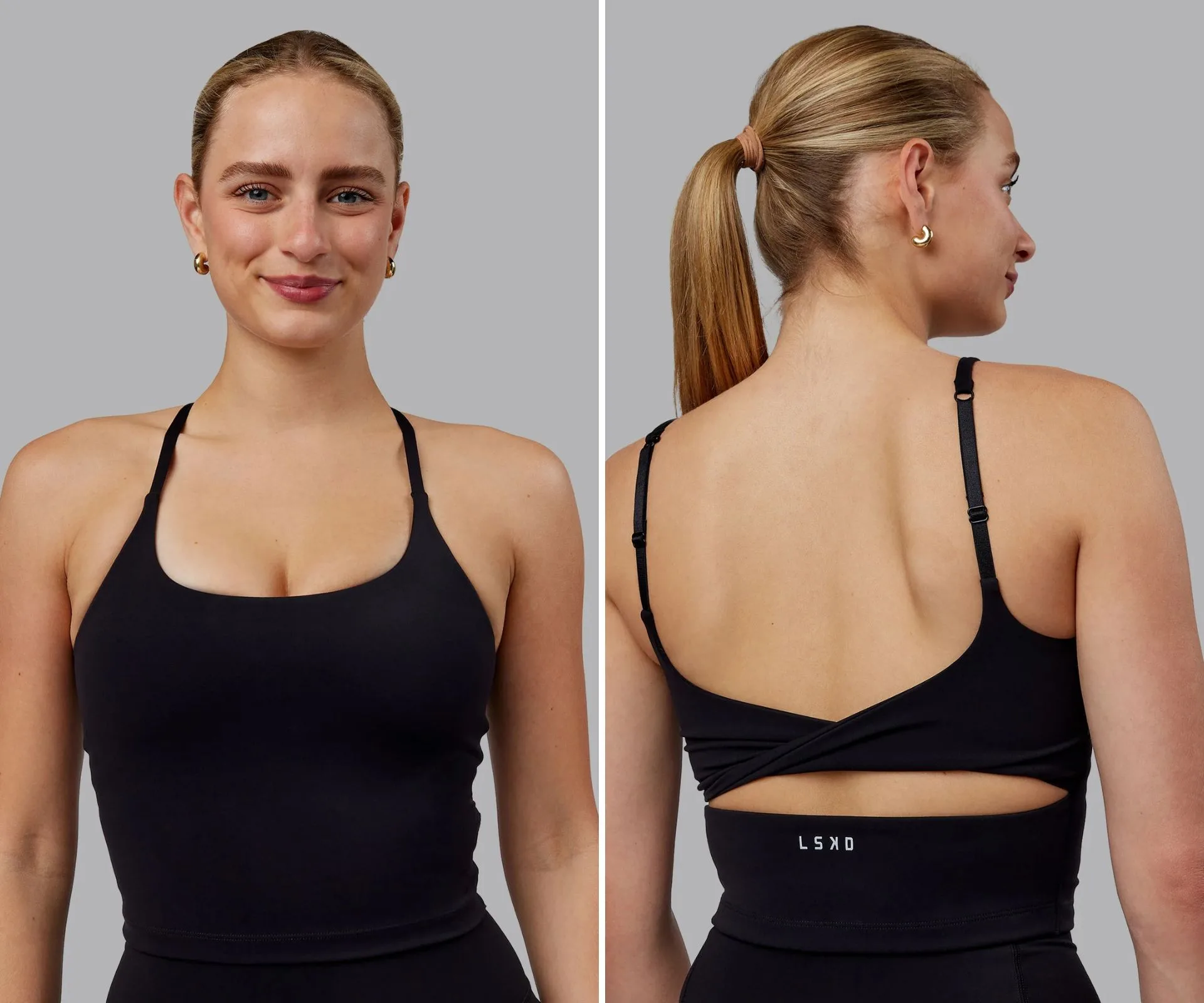 A blonde girl wearing a black sports bra