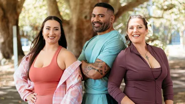 Flava stars Charlie, Azura and K'Lee standing back to back in a park wearing fitness gear