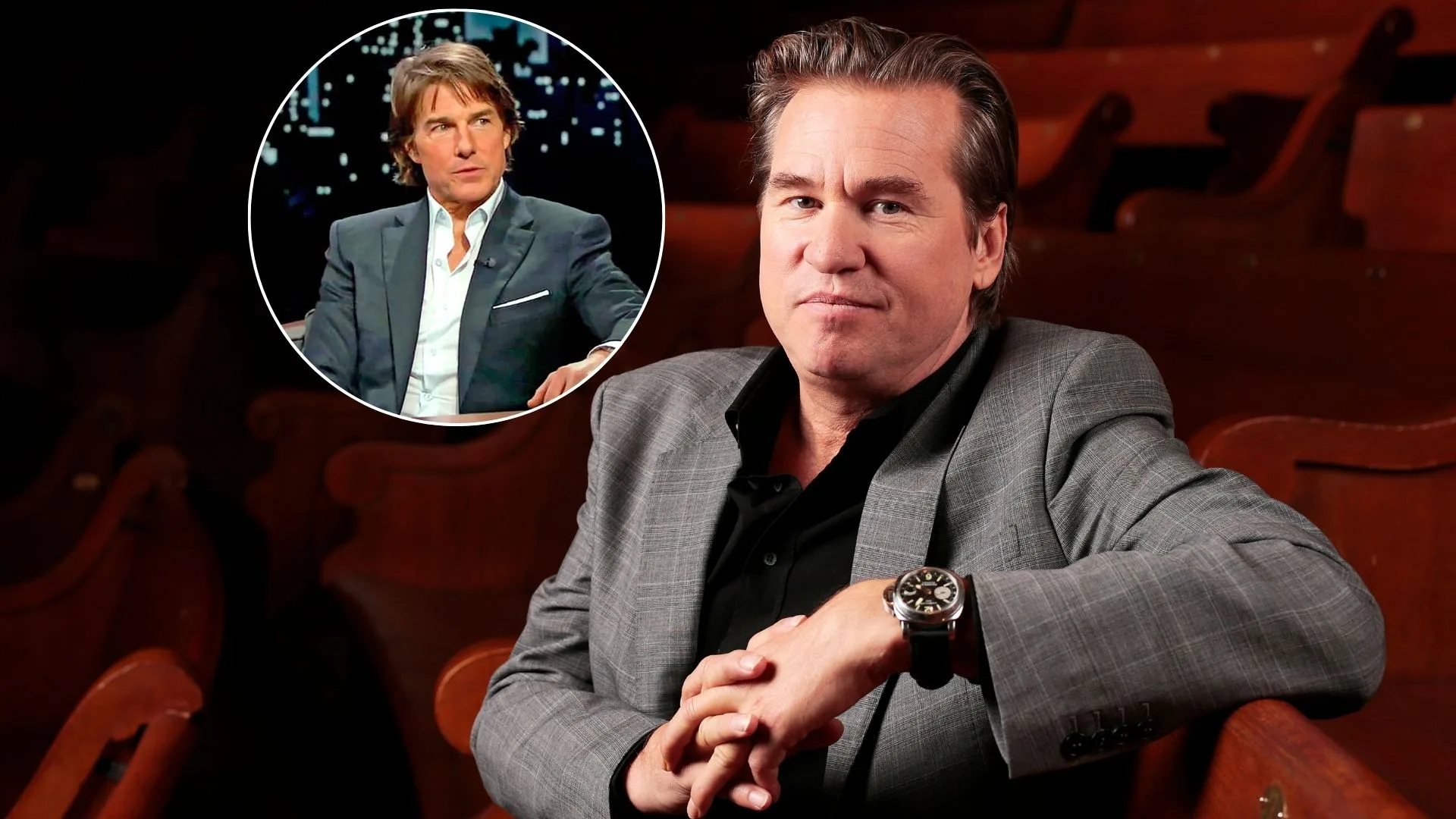 Val Kilmer posing in the chair of a dark and empty cinema with a bubble of Tom Cruise edited in beside him