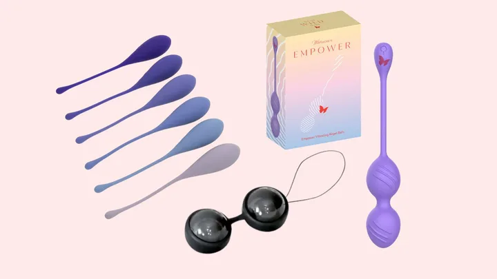 A compilation of Kegel balls on a pastel pink background