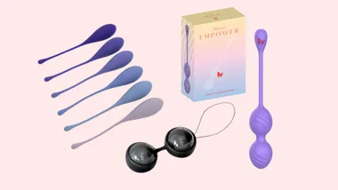 A compilation of Kegel balls on a pastel pink background