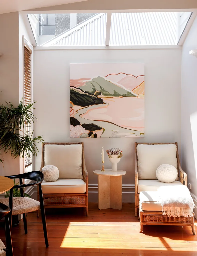 Sitting area with lots of natural lights thanks to the skylights above in the renovated Auckland villa
