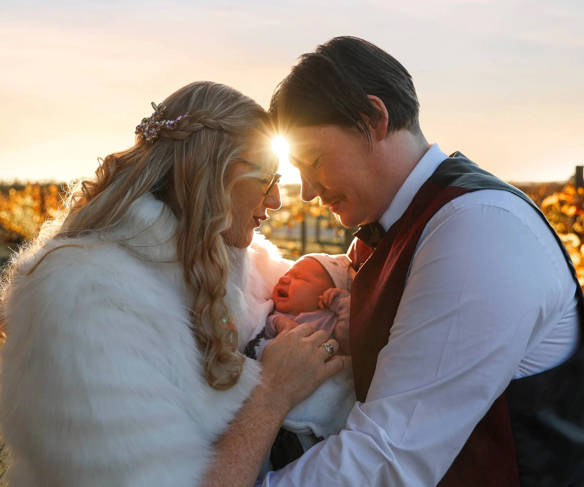 Fhiona Hartshorn with baby Cassandra and husband Kris on their wedding day