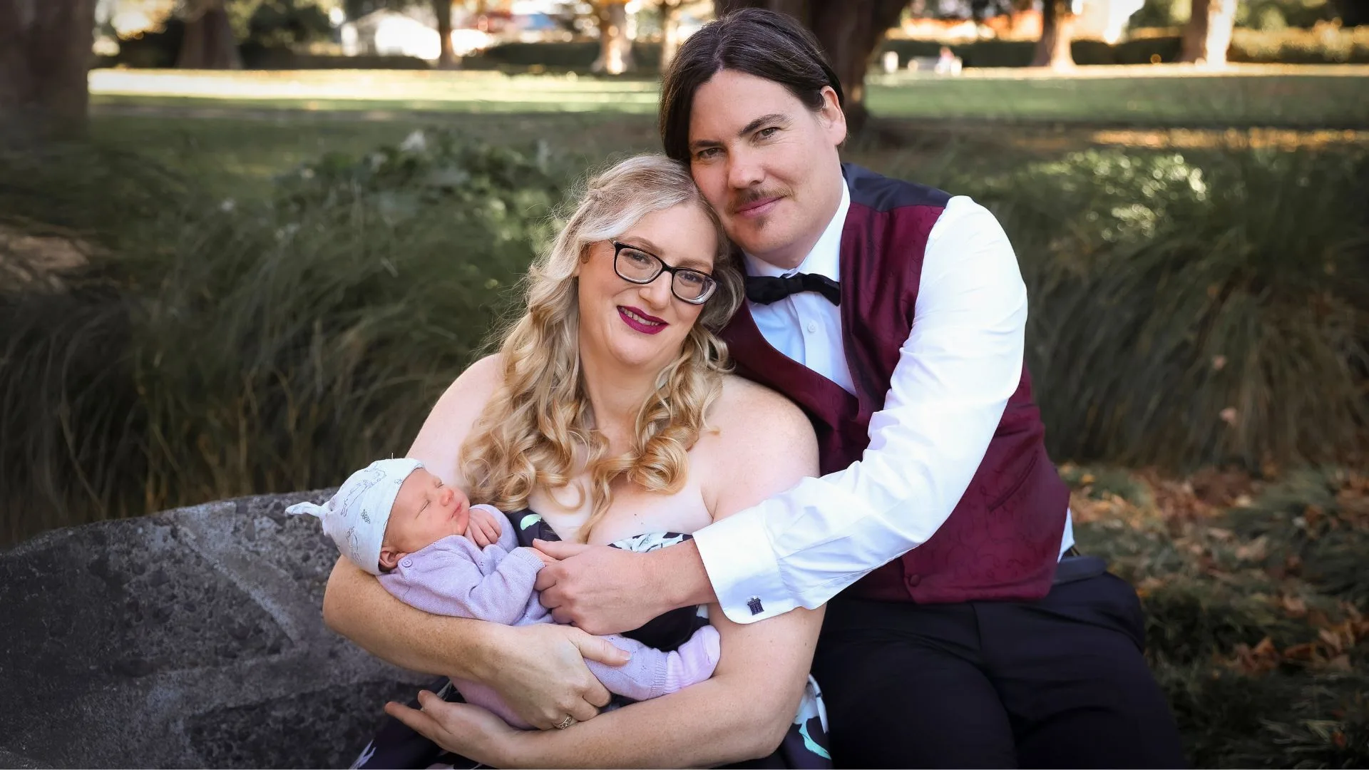 Fhiona Hartshorn with husband Kris Sanders and baby Cassandra on their wedding day