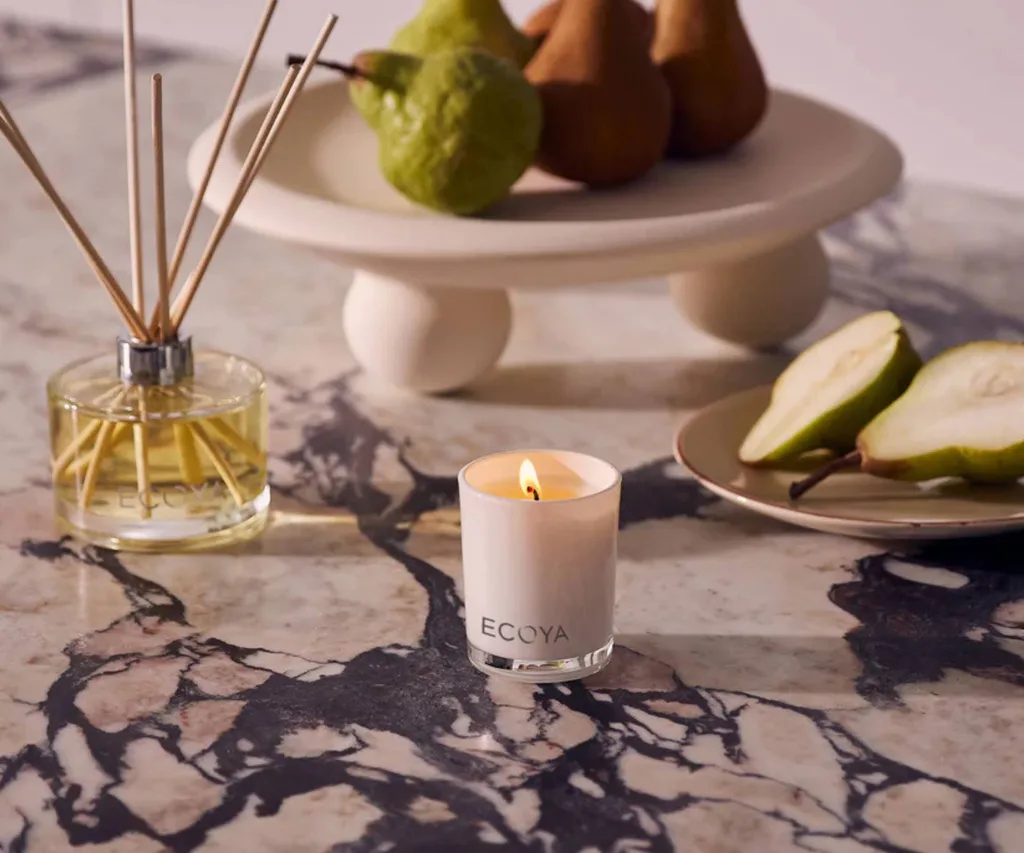 Ecoya candle on marble kitchen countertop