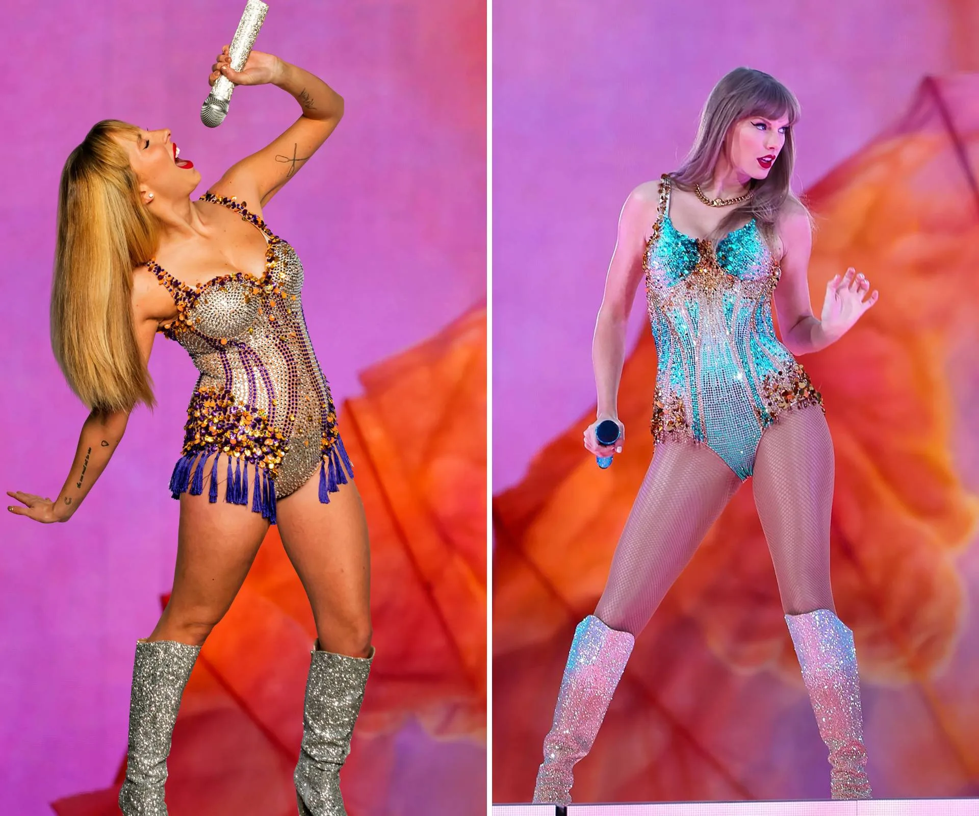 Shannon Beresford performing as Taylor Swift, with a comparison of Taylor beside her