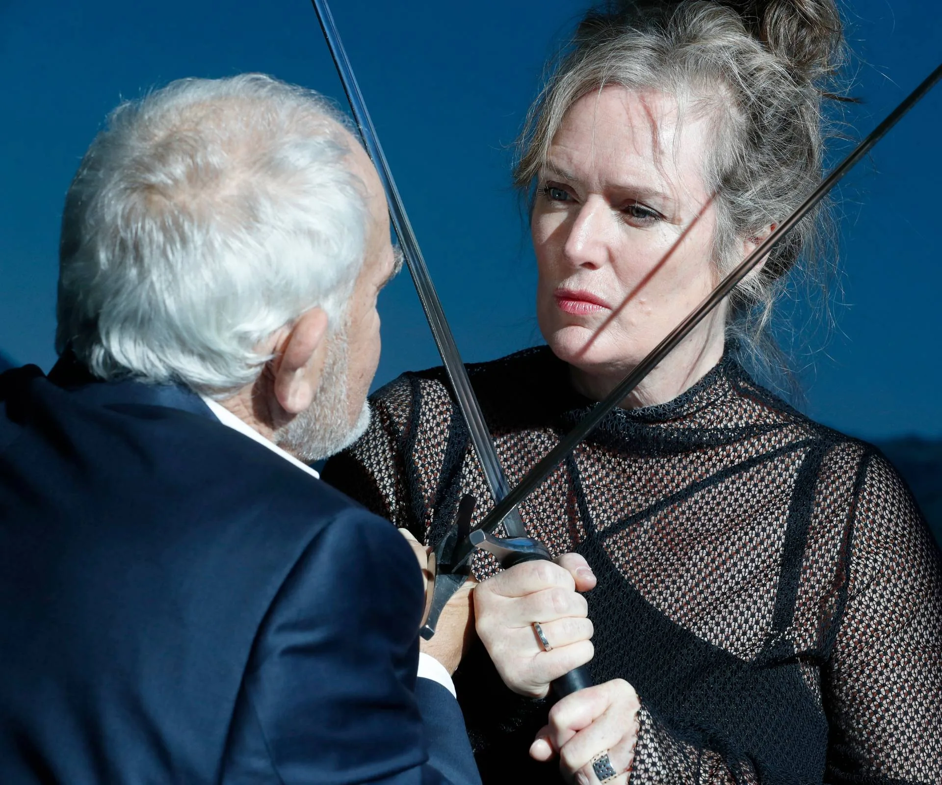 Lara Macgregor clashing swords with Mark Hadlow
