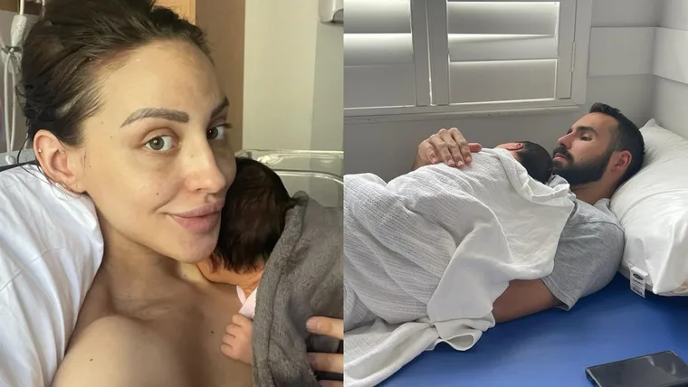 Lizzie and her husband with their second baby in hospital