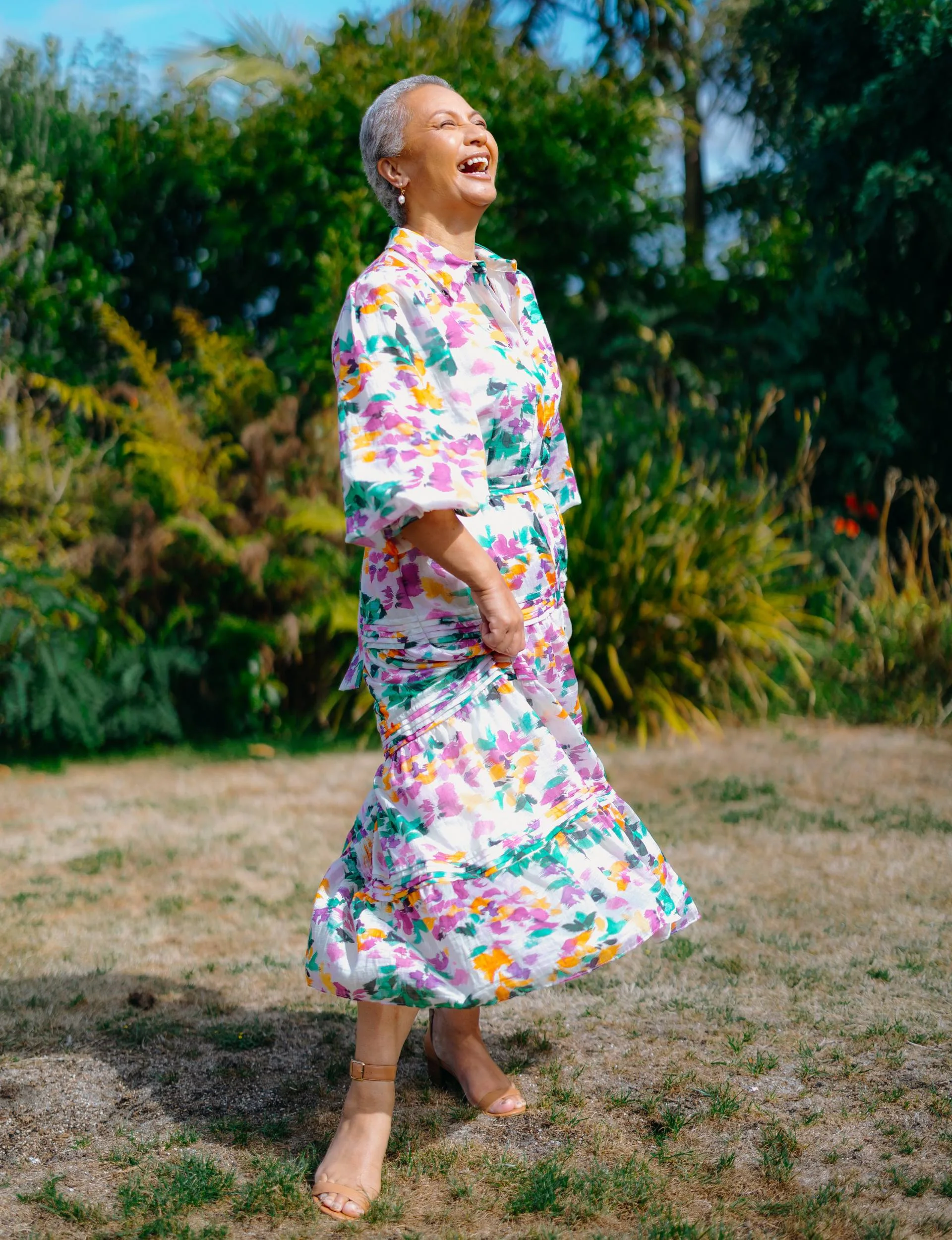 Marama swaying her dress in the wind