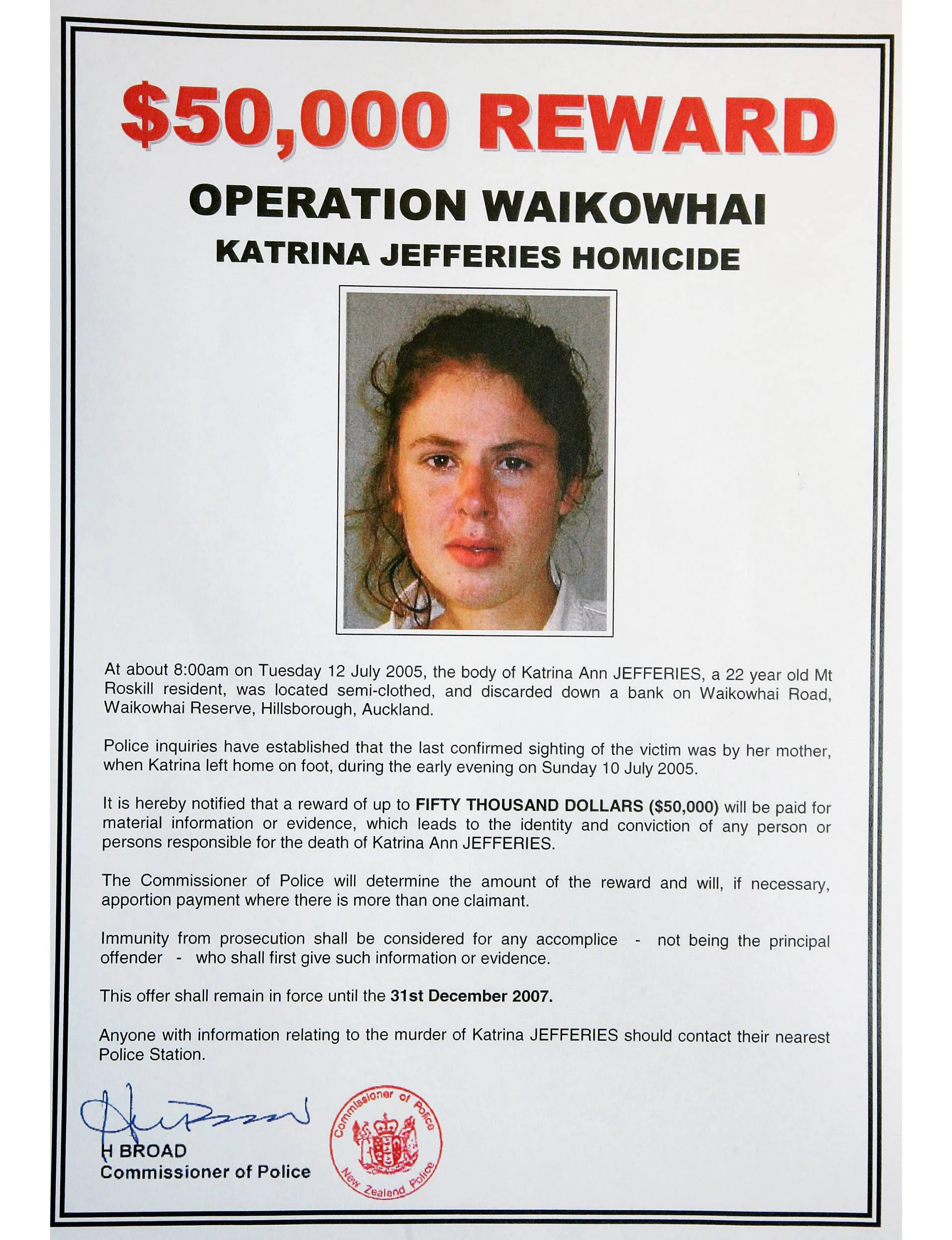 The NZ poster calling for information on the cold case, offering a $50,000 reward