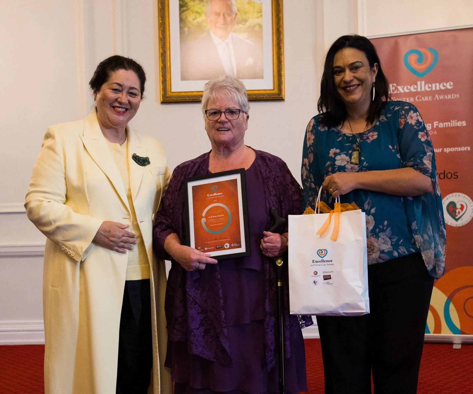 Jo Duston at the awards with Dame Cindy Kiro and Karen Chhour, the Minister for Children.