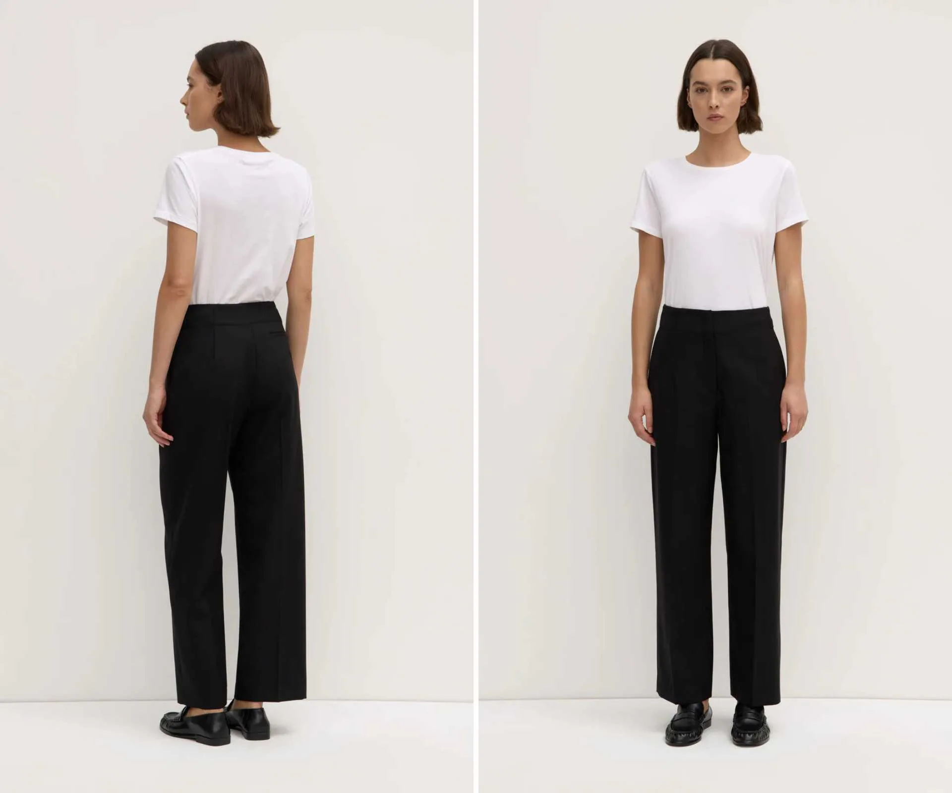 Black wool pants and a white t-shirt