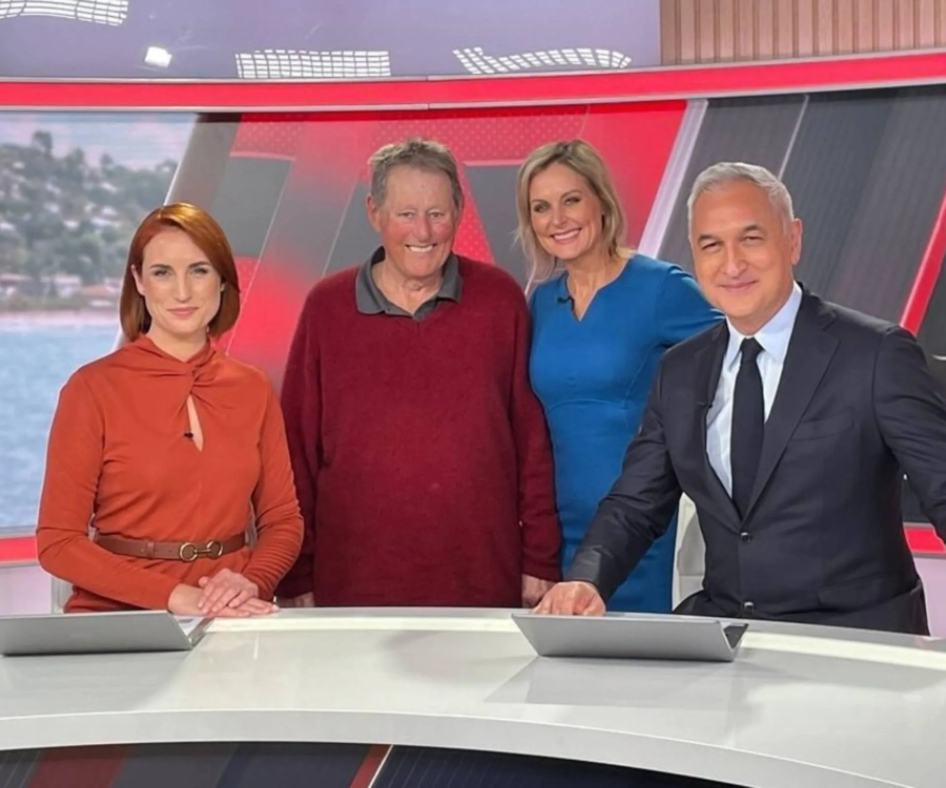 Nicky Styris with her dad, Samantha Hayes and Mike McRoberts at their news anchor desk
