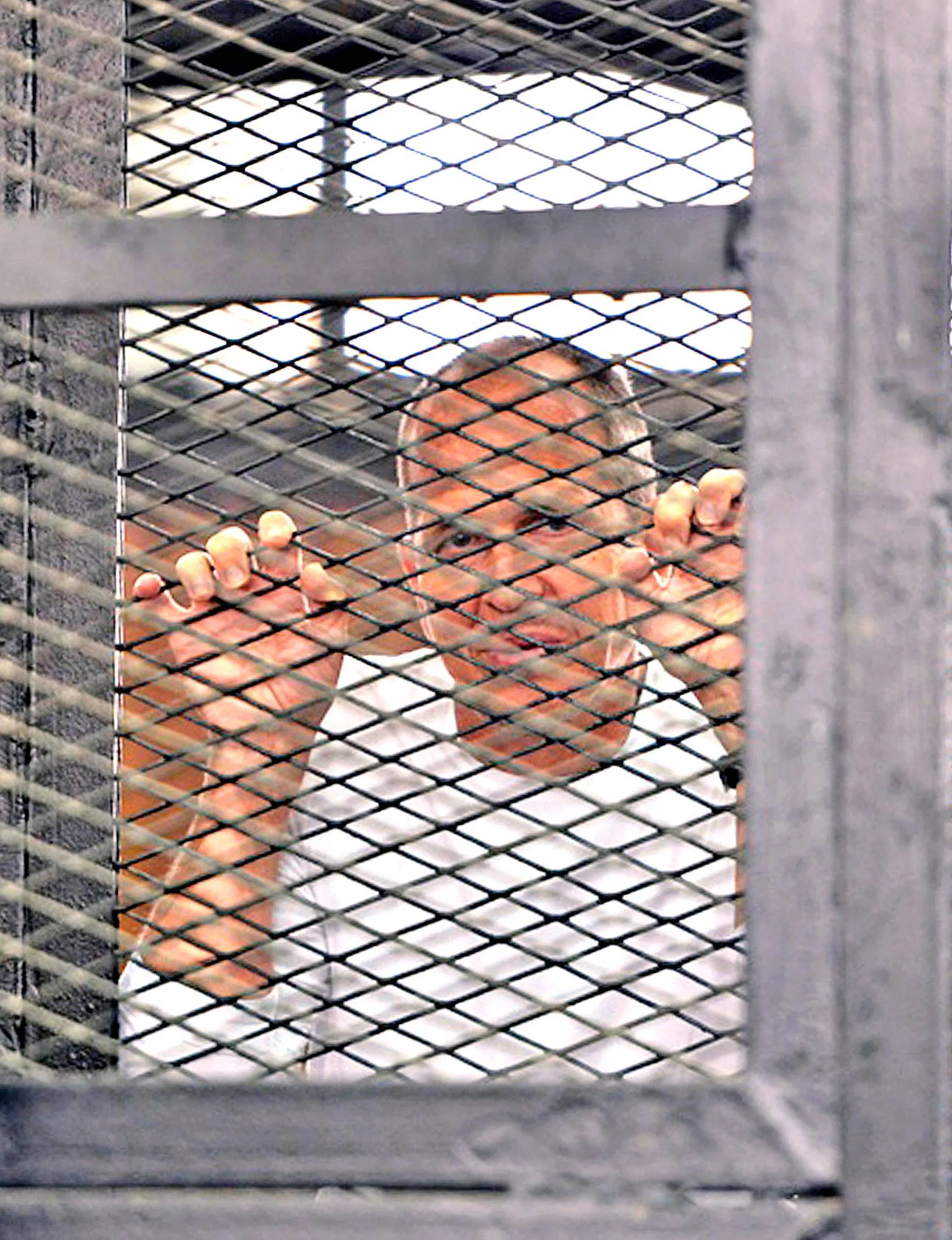 Peter Greste behind a cage-like wall in the Egyptian jail