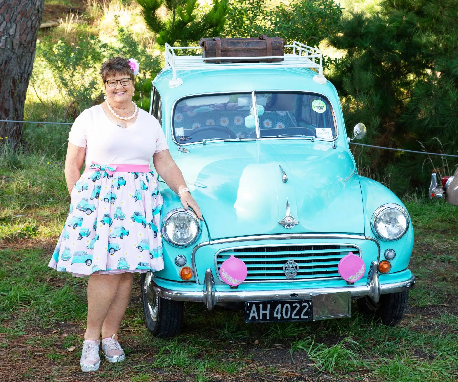 Anita with her blue Morris Minor