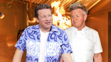 Jamie Oliver and Gordon Ramsay arguing in a fiery kitchen