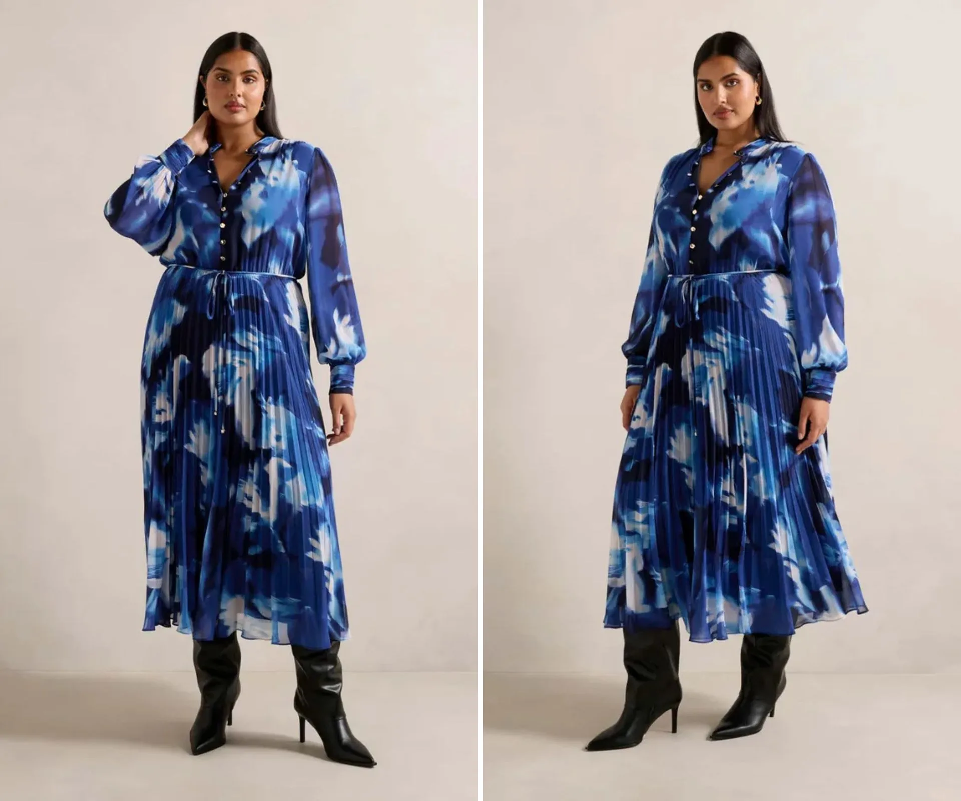 A model wearing a flowing blue dress