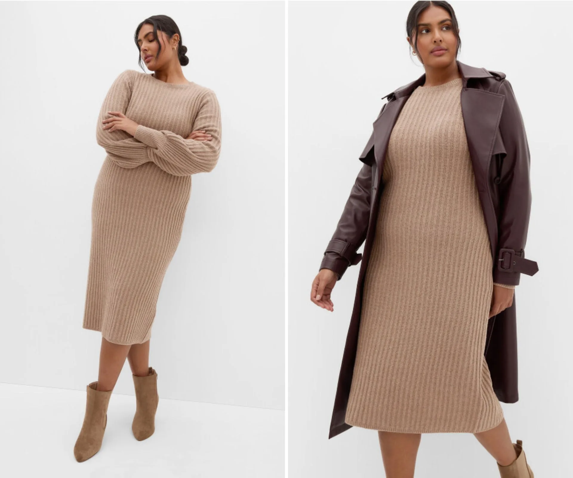 A model wearing a tan knit dress with a jacket on top