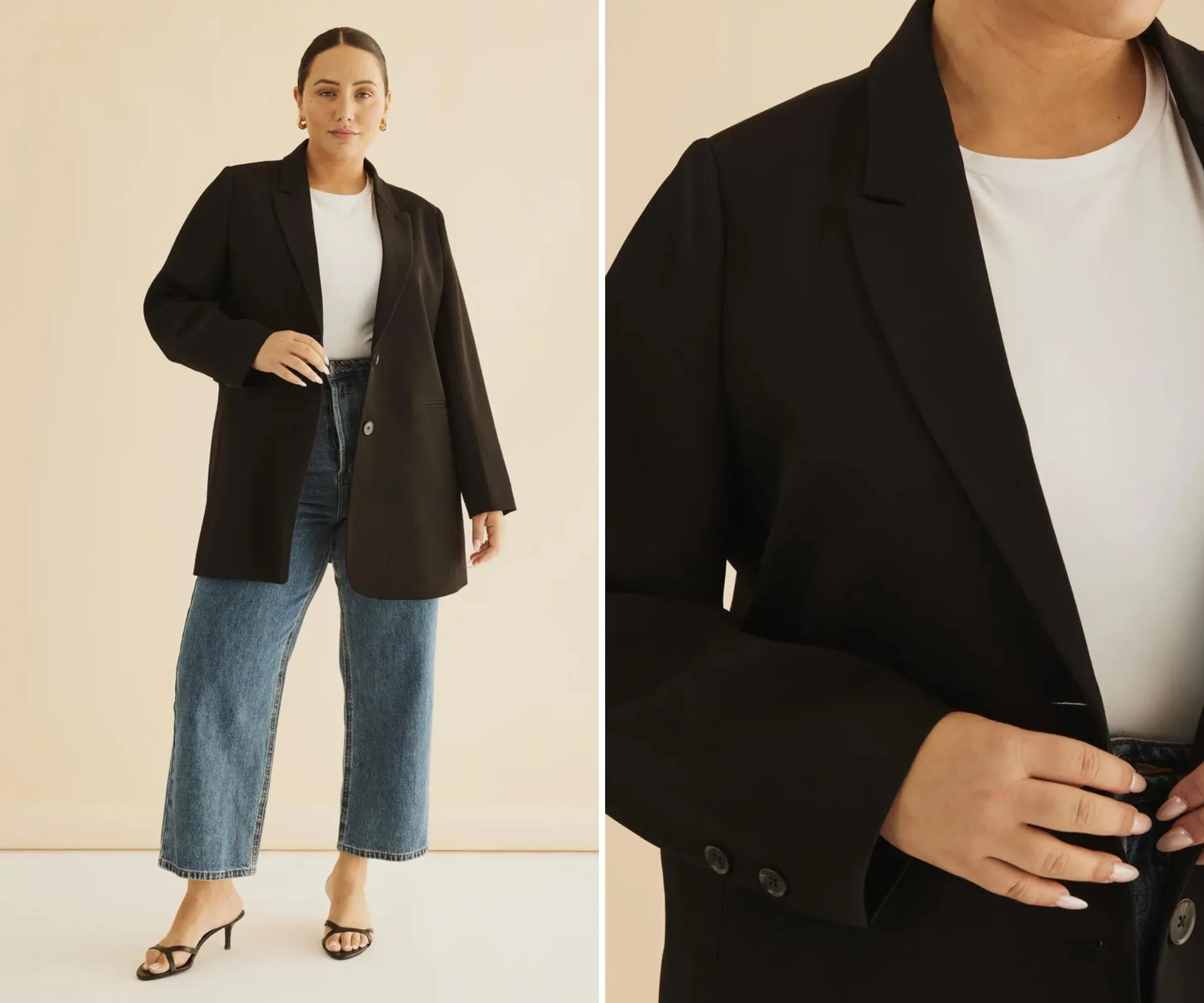 Mika longline blazer in black, worn with jeans and a white t-shit