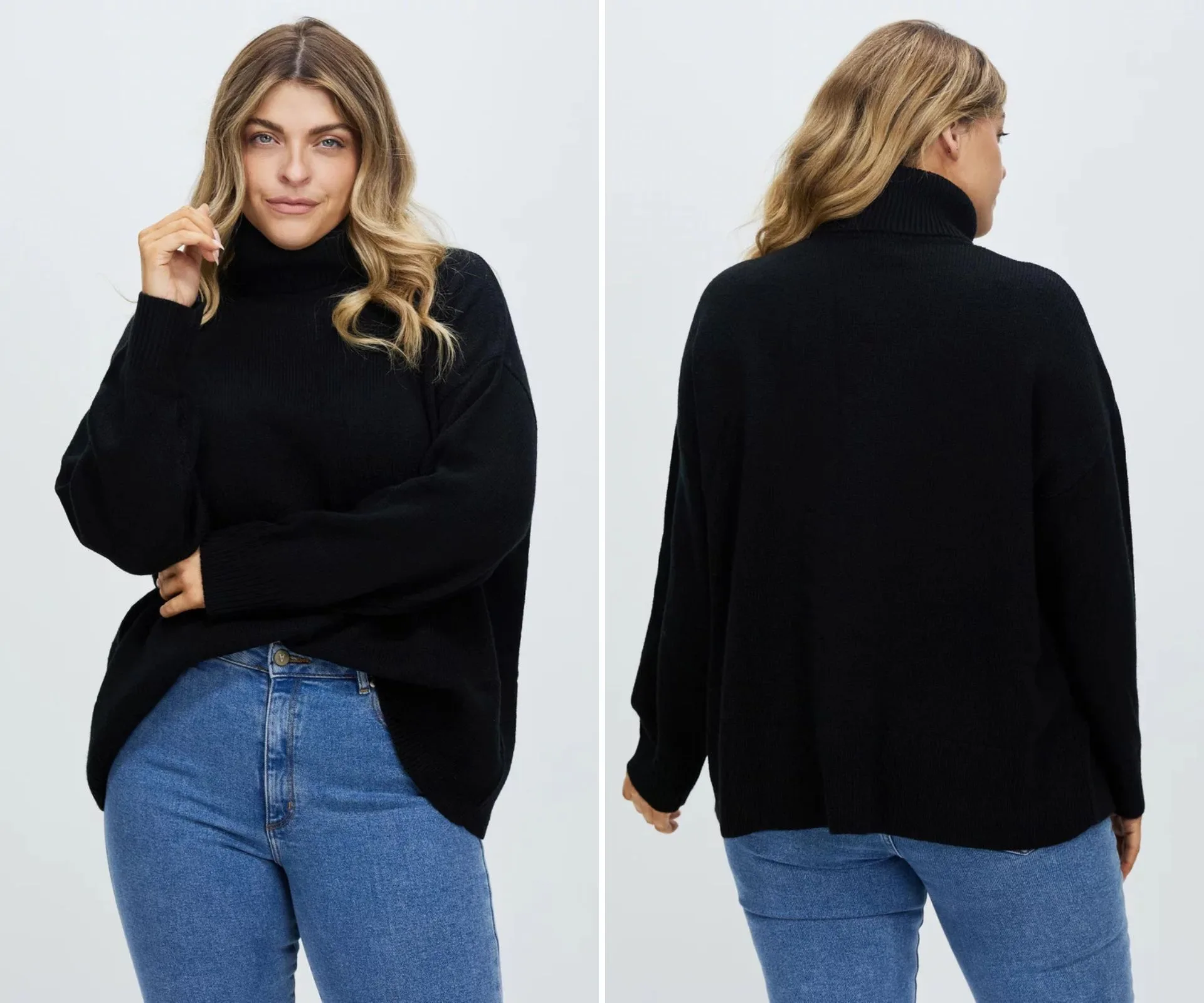 Black chunky knit jumper and jeans from The Iconic