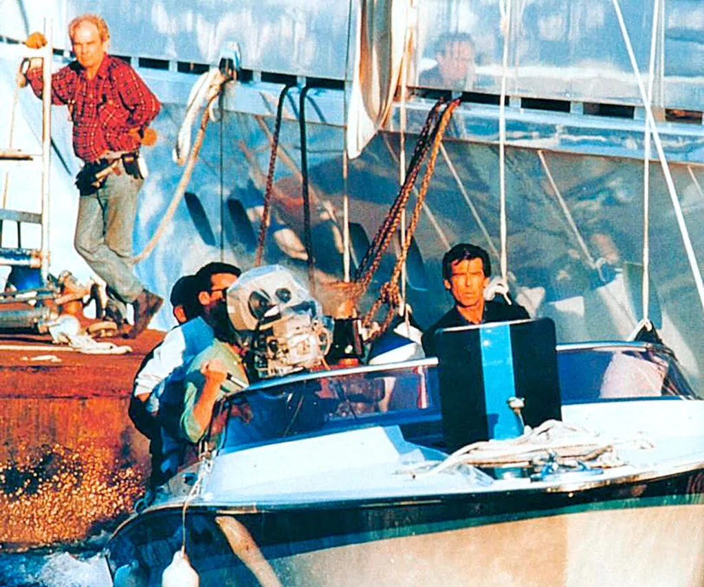 Pierce Brosnan filming James Bond