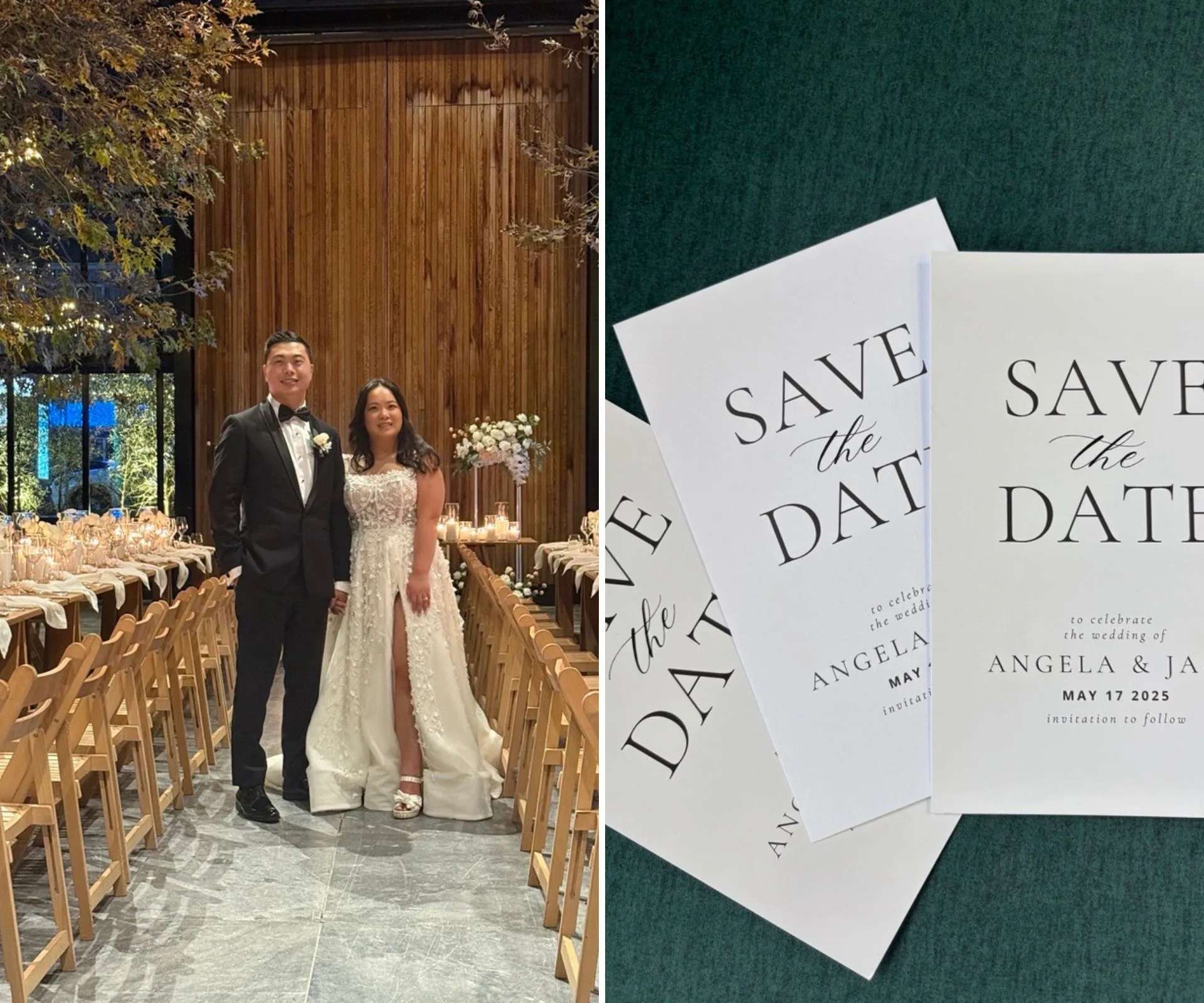 Angela and Jack on their wedding day, alongside their wedding stationery