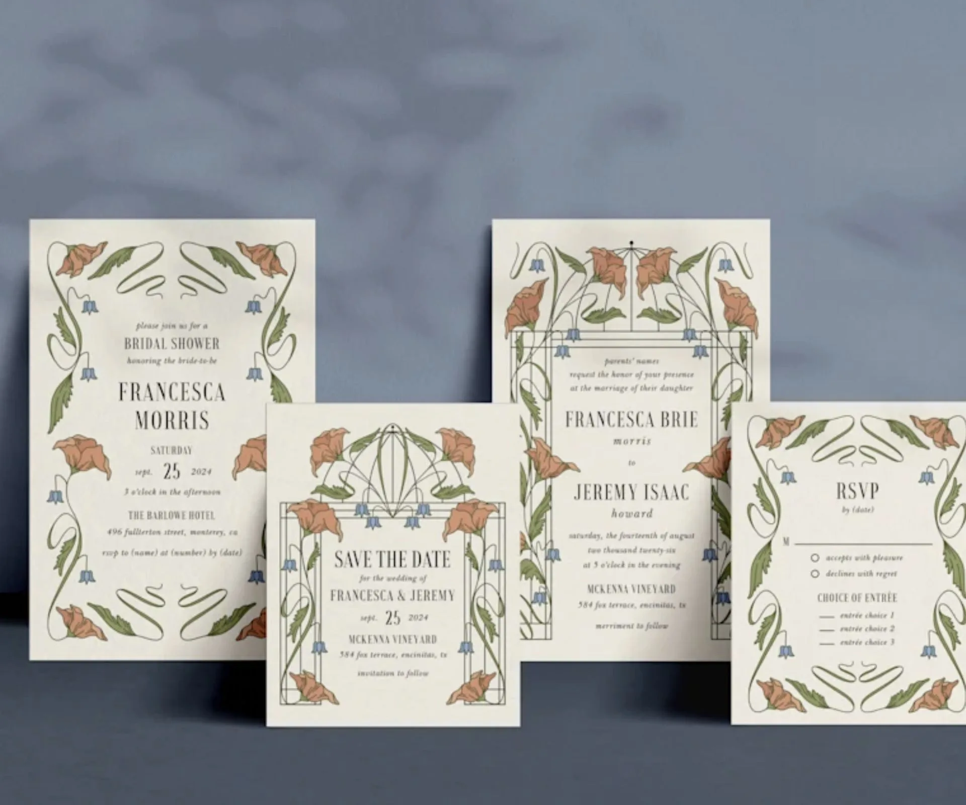 A suite of cream and floral wedding stationery 