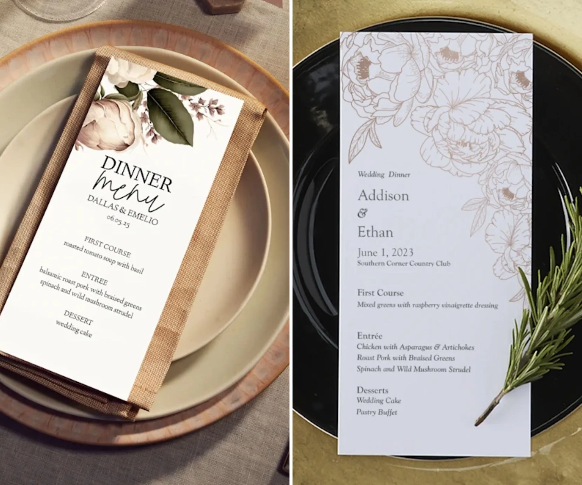 Wedding menus