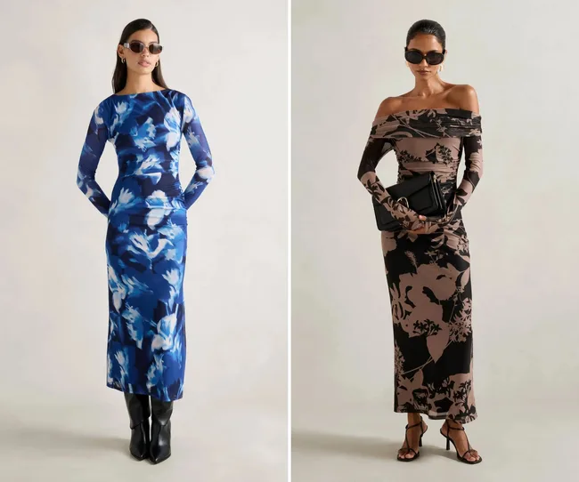 A long-sleeved blue wedding guest dress and a brown and black wedding guest dress