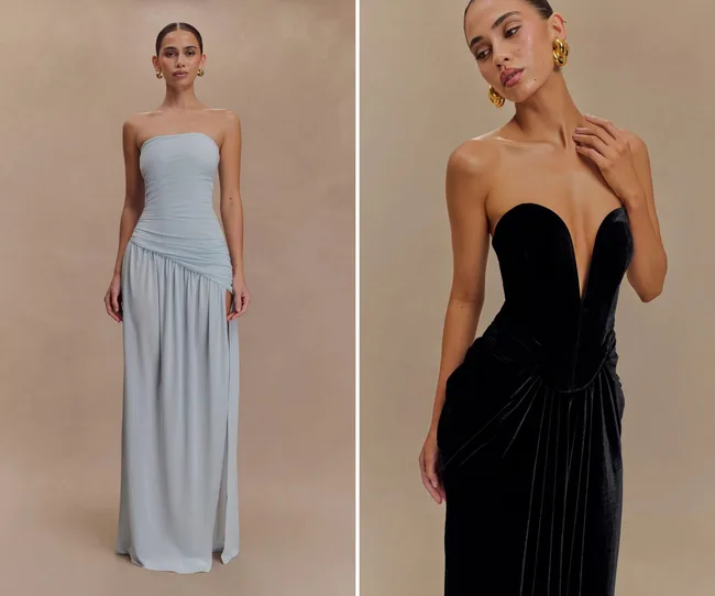 Two slinky long wedding guest dresses from Meshki