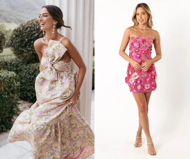 Two floral wedding guest dresses